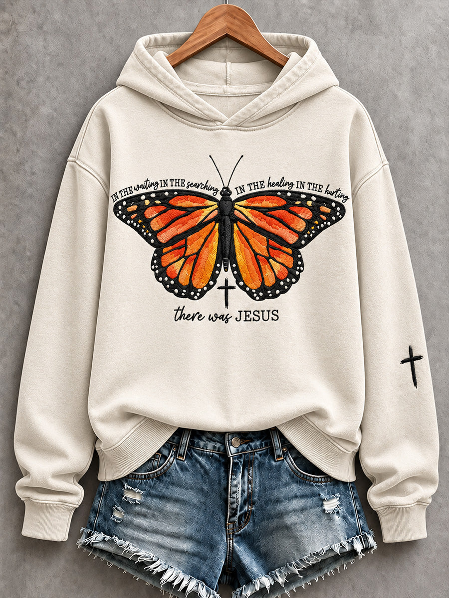 Women's Vintage Retro There Was Jesus Butterfly Print Cozy Hoodie