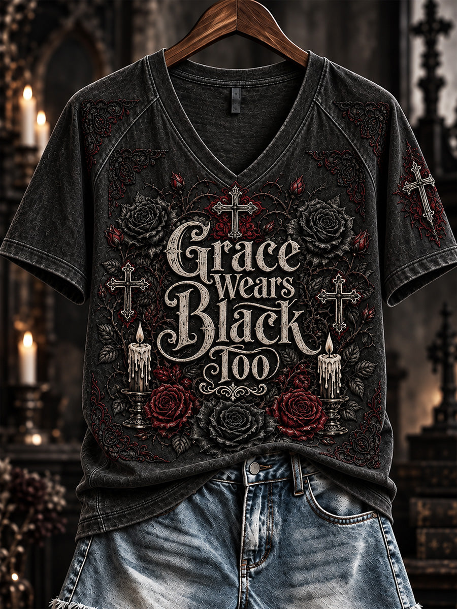 Women's Grace Wears Black Too Gothic Christian Print V-neck Short-sleeved T-shirt