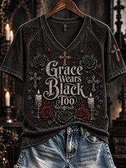 Women's Grace Wears Black Too Gothic Christian Print V-neck Short-sleeved T-shirt