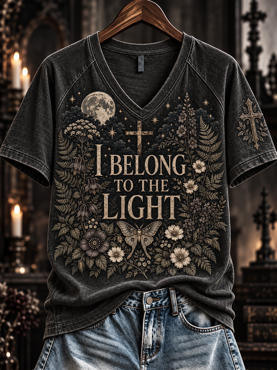 Women's I Belong to the Light Dark Botanical Christian Print V-neck Short-sleeved T-shirt