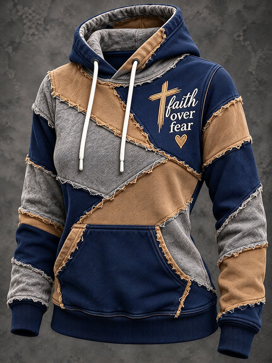Women's Retro Color Block Patchwork Faith Over Fear Cross Print Hoodie