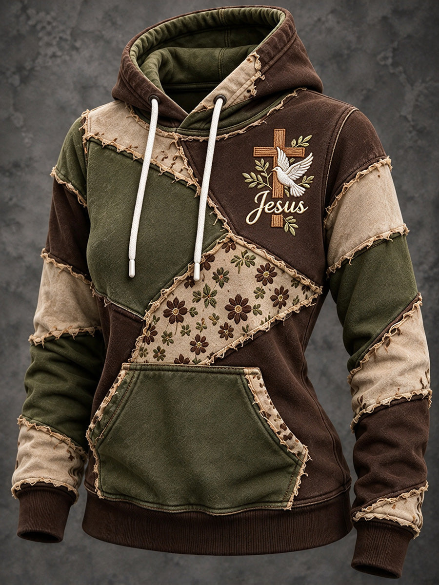 Women's Retro Color Block Patchwork Dove of Peace Cross Print Hoodie