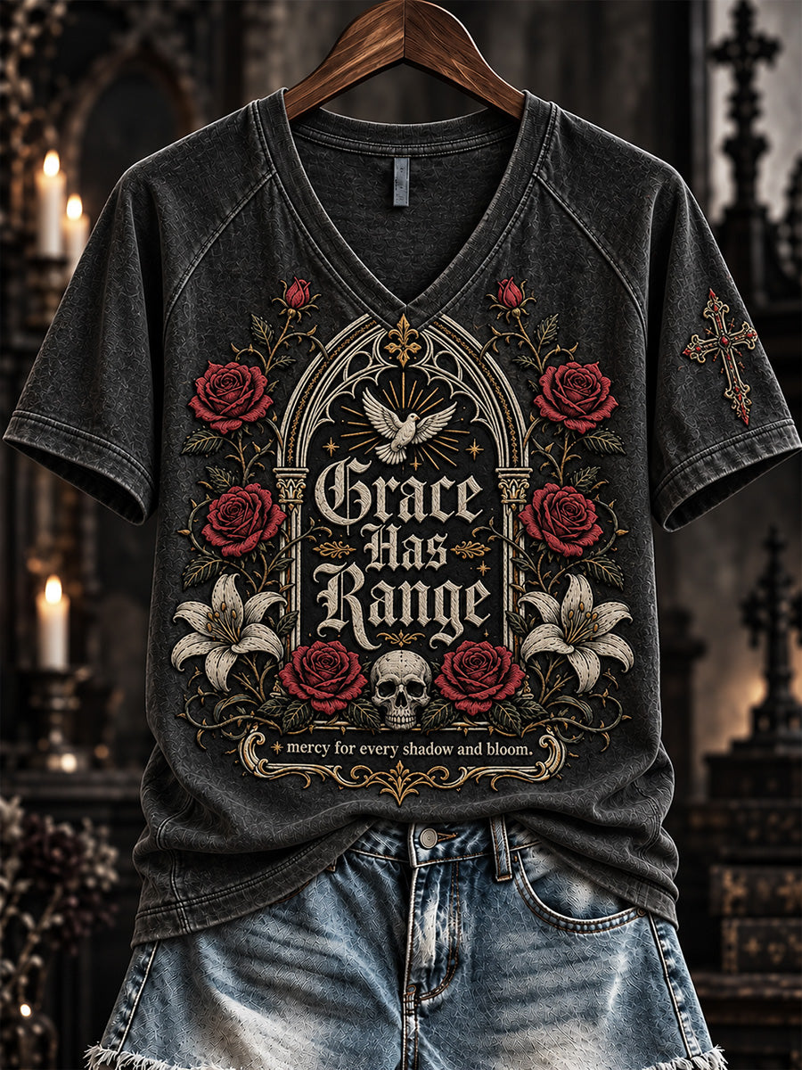 Women's Grace Has Range Gothic Christian Floral Print V-neck Short-sleeved T-shirt