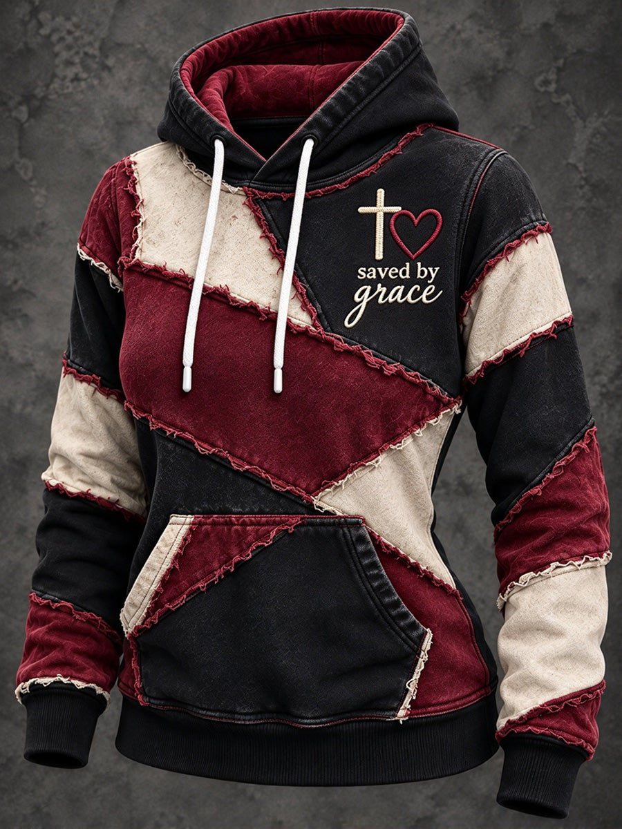Women's Retro Color Block Patchwork Saved By Grace Cross Print Hoodie
