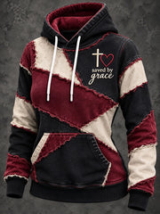 Women's Retro Color Block Patchwork Saved By Grace Cross Print Hoodie