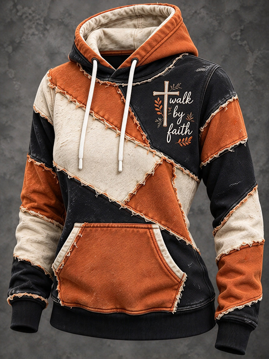 Women's Retro Color Block Patchwork Walk By Faith Cross Print Hoodie