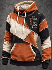 Women's Retro Color Block Patchwork Walk By Faith Cross Print Hoodie