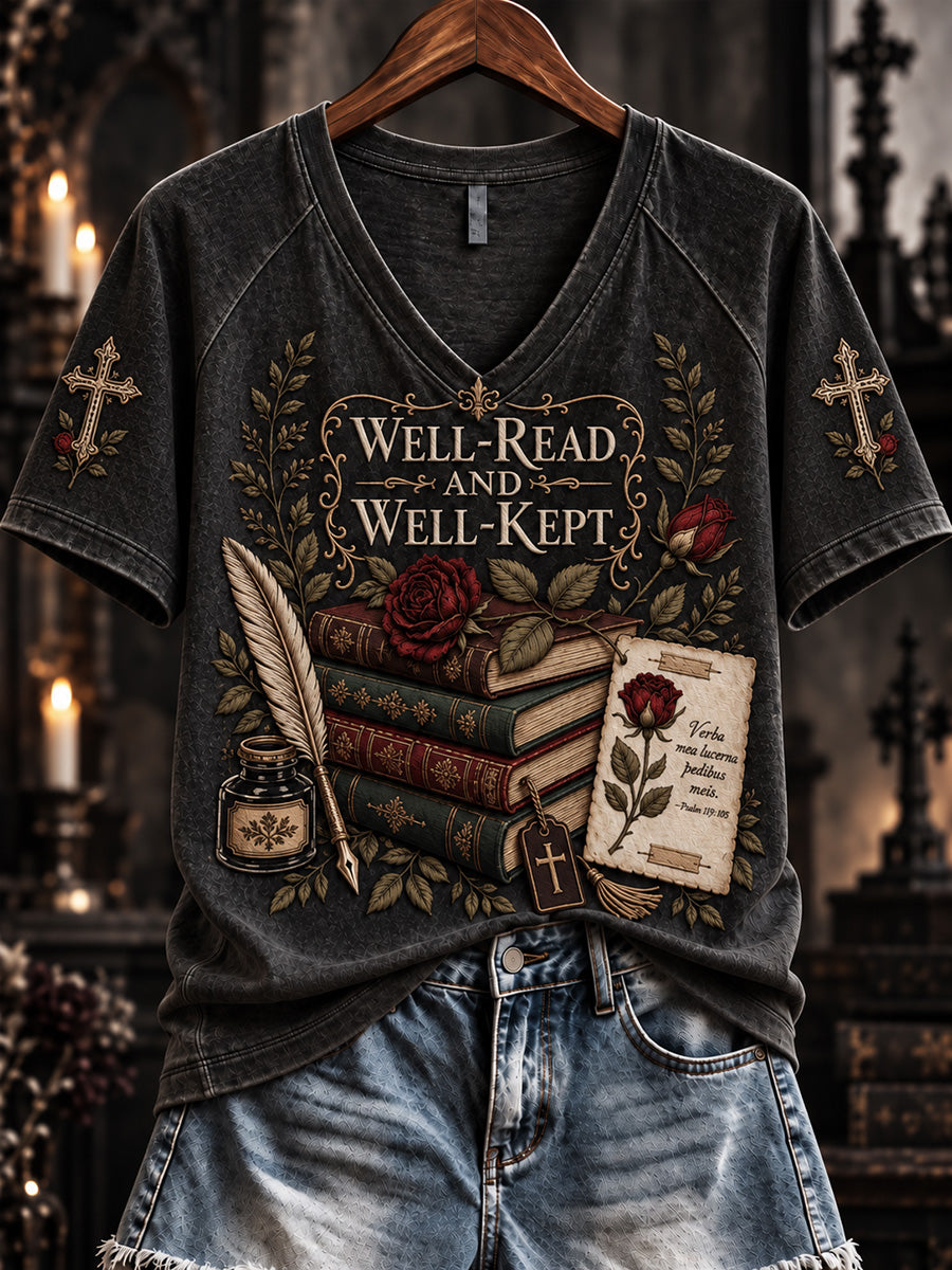 Women's Well Read and Well Kept Christian Print V-neck Short-sleeved T-shirt