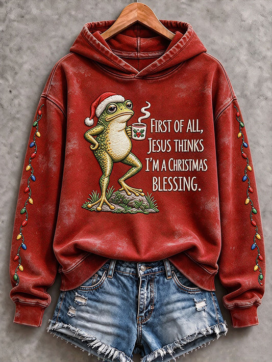 Women's First Of All Jesus Think's I'm A Christmas Blessing Print Regular Sweatshirt