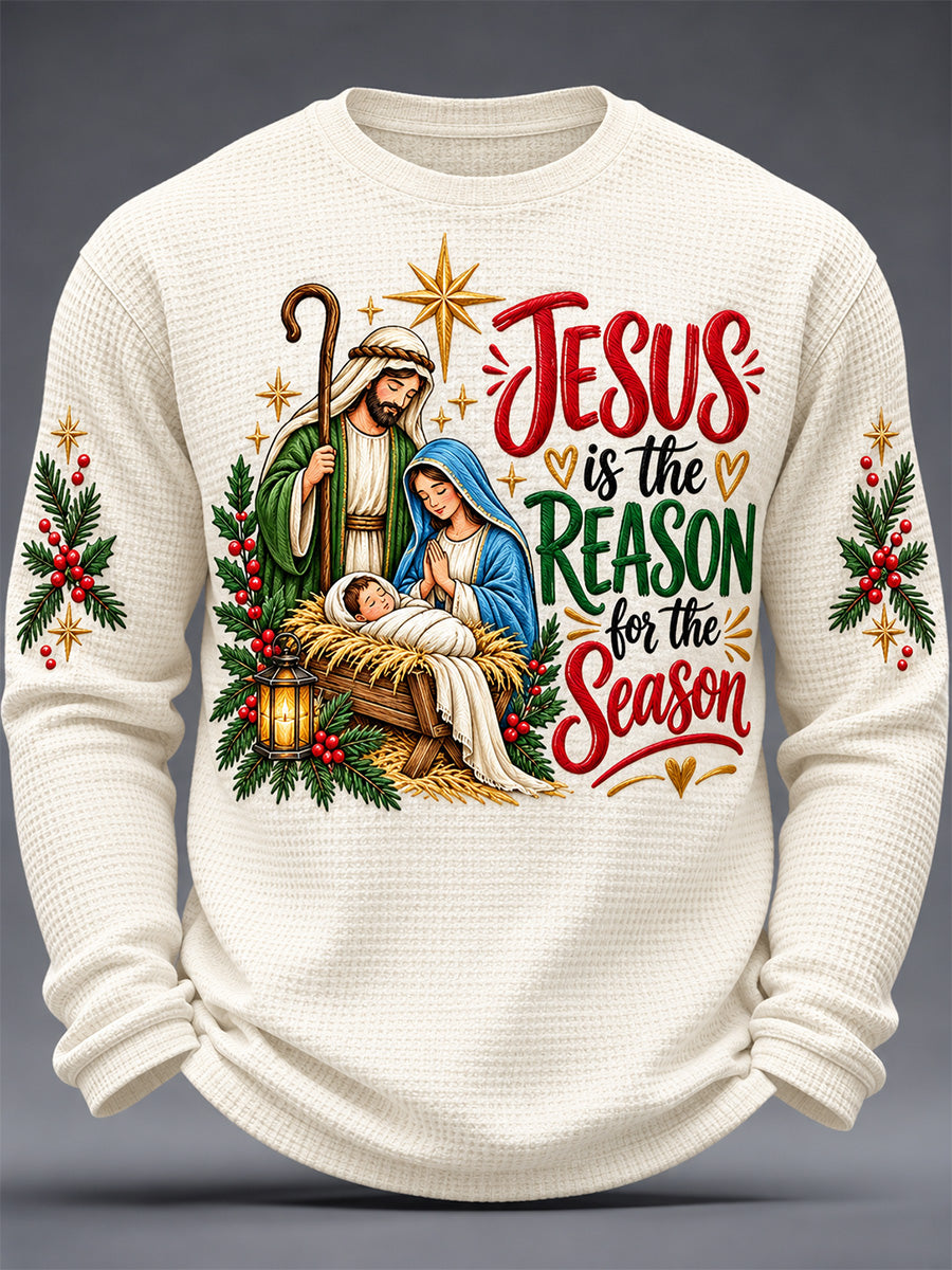 Men's Jesus Is The Reason For The Season Print Waffle Long Sleeve Top