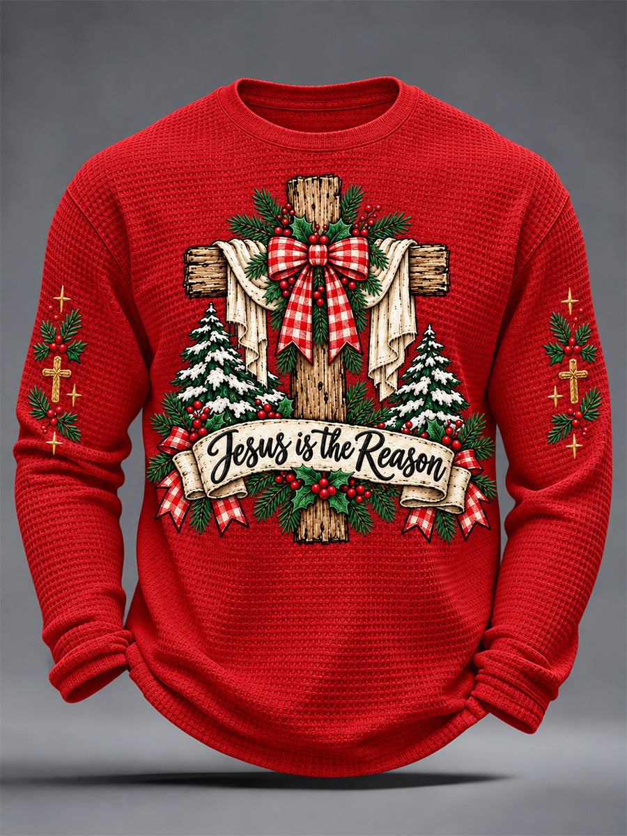 Men's Jesus Is The Reason For The Season Print Waffle Long Sleeve Top