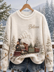 Women's Vintage Believe Christmas Train Snowy Landscape Print Cozy Flannel Sweatshirt