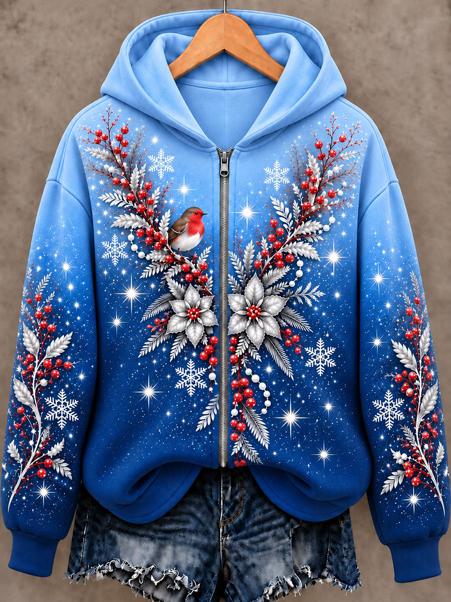 Women's Christmas Bird Flower Zip-Up Hoodie