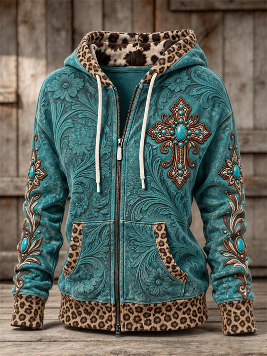 Women's Vintage Western Turquoise Cross & Embossed Art Leopard Print Full Zip Hoodie