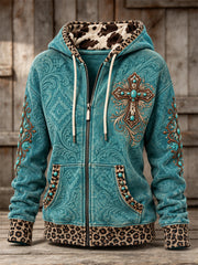 Women's Vintage Western Turquoise Cross & Embossed Art Leopard Print Full Zip Hoodie