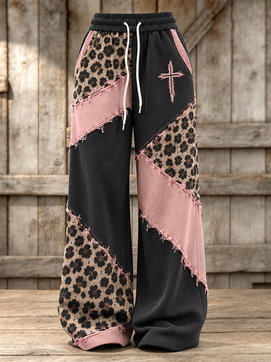 Women's Vintage Leopard And Corss Print Element Block Patchwork Design Print Casual Sweatpants