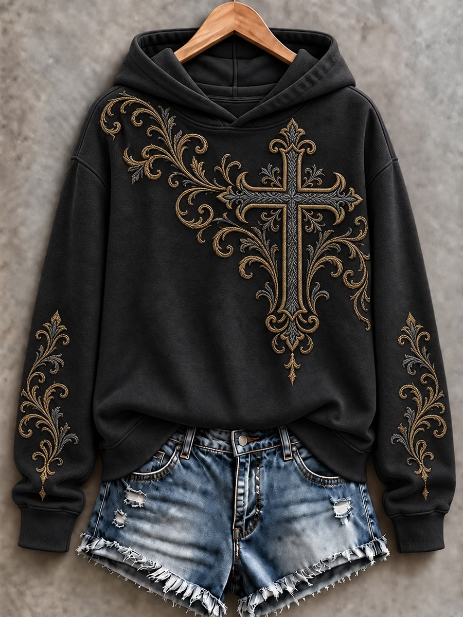 Women's Retro Christian Floral Cross Art Print Casual  Hoodie