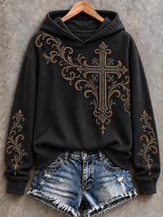 Women's Retro Christian Floral Cross Art Print Casual  Hoodie