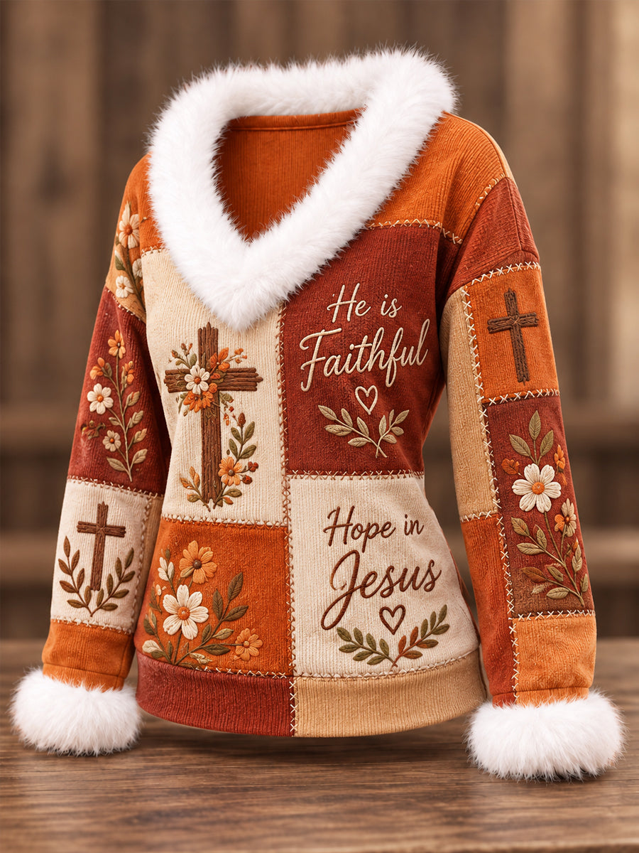 Women's Christian Jesus Is Faithful Cross Patchwork Print Casual Fur Collar Top