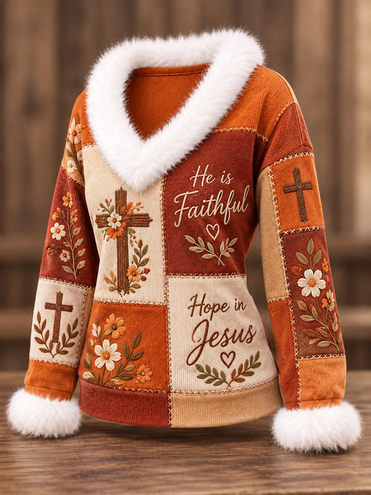 Women's Christian Jesus Is Faithful Cross Patchwork Print Casual Fur Collar Top