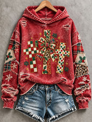 Women's Patchwork Plaid Cross Print Casual Hoodie