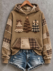 Women's Leopard Print Plaid Christmas Tree Print Hoodies