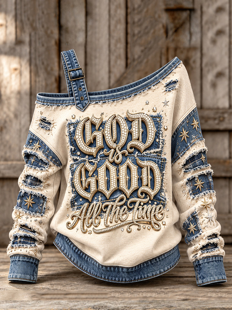 Women's Vintage God Is Good Denim Print Off-Shoulder Sweatshirt