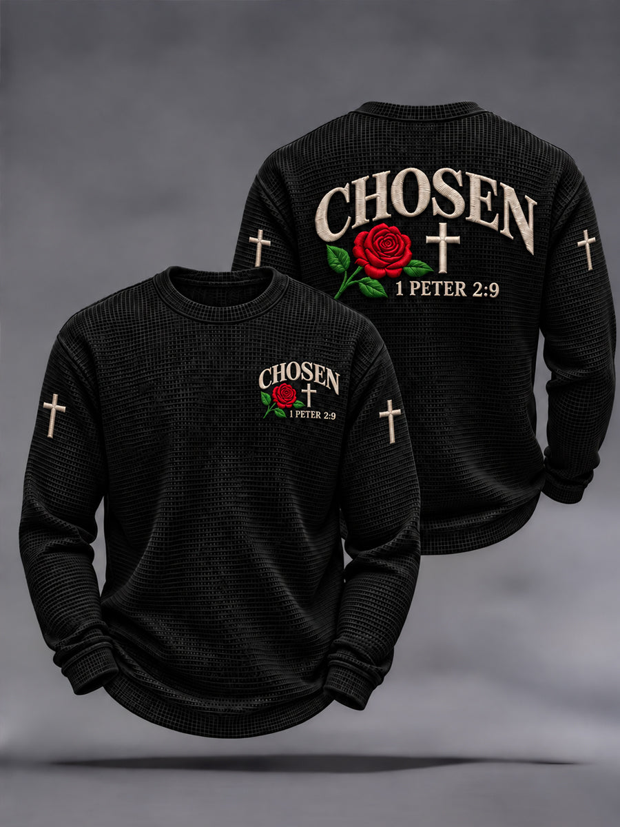Men's Christian Chosen Rose 1 Peter 2:9 Cross Waffle Sweatshirt