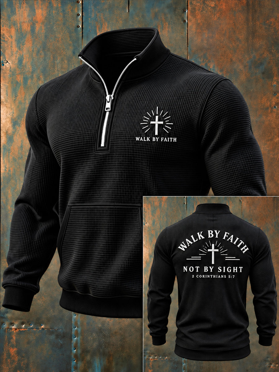 Men's Christian Walk By Faith Cross Zip-Up Waffle Sweatshirt