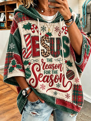 Women's Christmas Color Block Patchwork Design Jesus Is The Reason For The Season Pattern Casual Hoodie