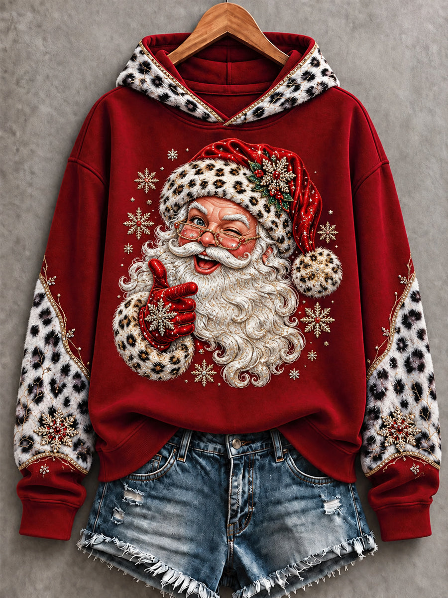 Women's Christmas Santa Claus Leopard Print Casual Hoodie