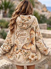 Women's His Grace Is Enough For Me Floral Butterfly Print Zip-Up Hoodie