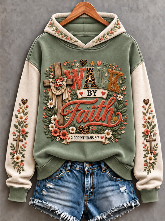 Women's Christian Walk By Faith Cross Art Printed Hoodie