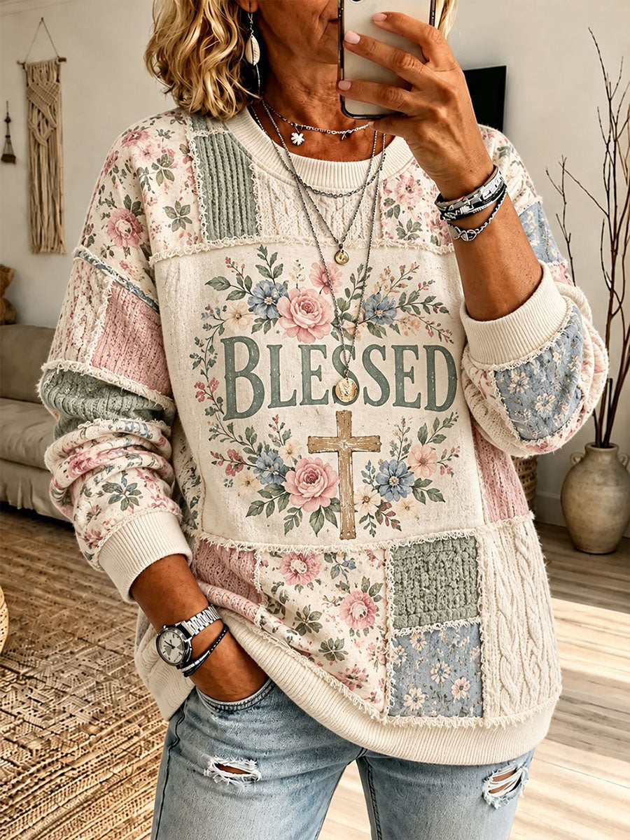 Women's Floral Patchwork Faith Print Casual Sweatshirt