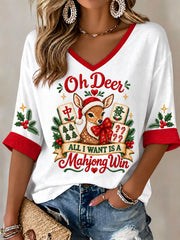 Women's Christmas Mahjong Print Casual T-Shirt