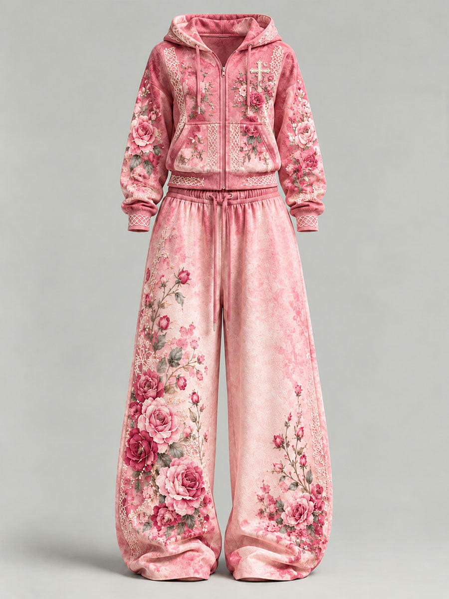 Women's Floral Cross Print Casual Set