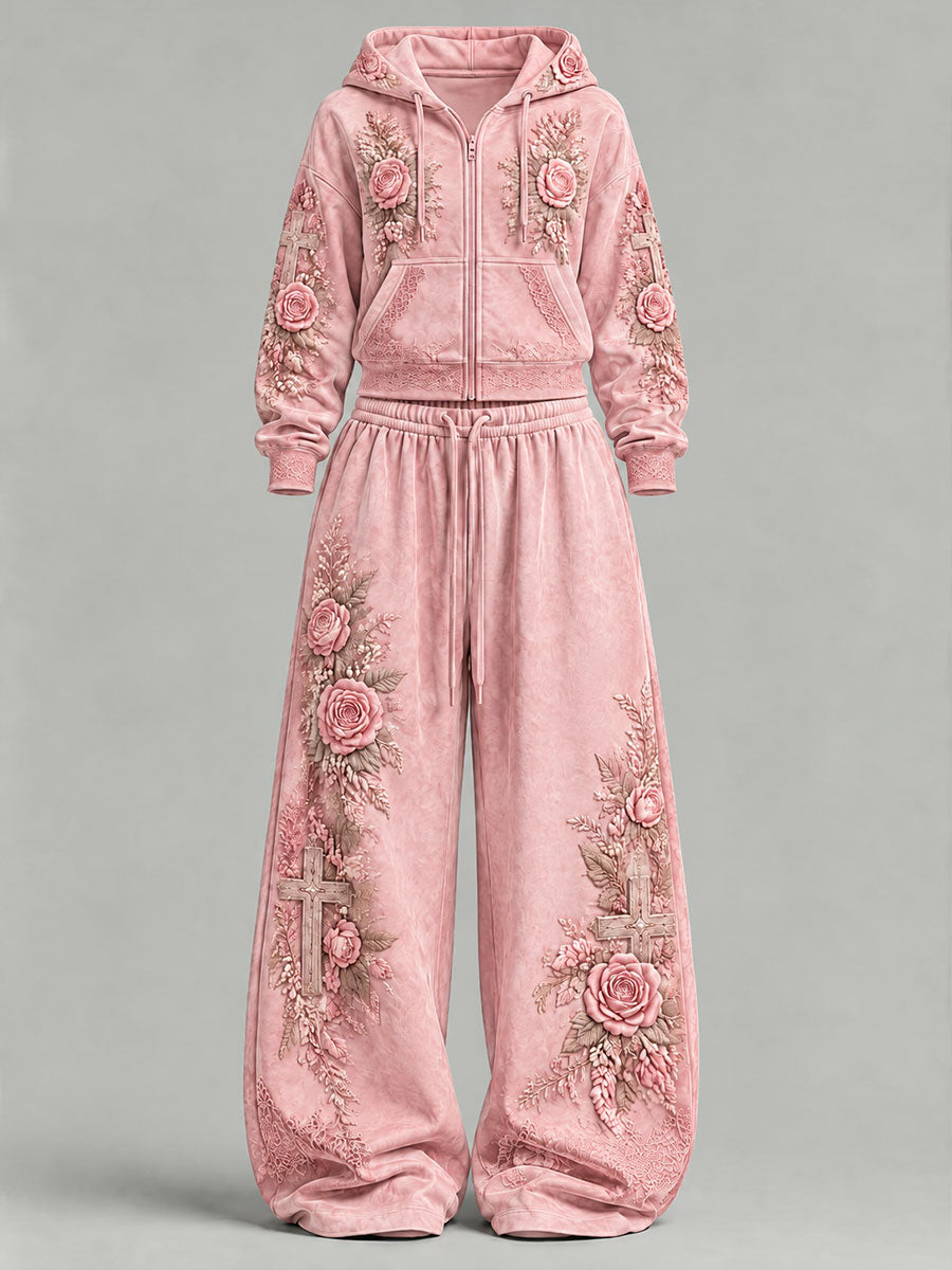 Women's Floral Cross Print Casual Set
