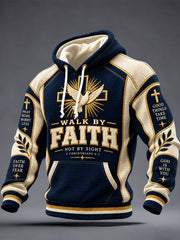Men's Walk By Faith Not By Sight Print Checkered Cotton Hoodie