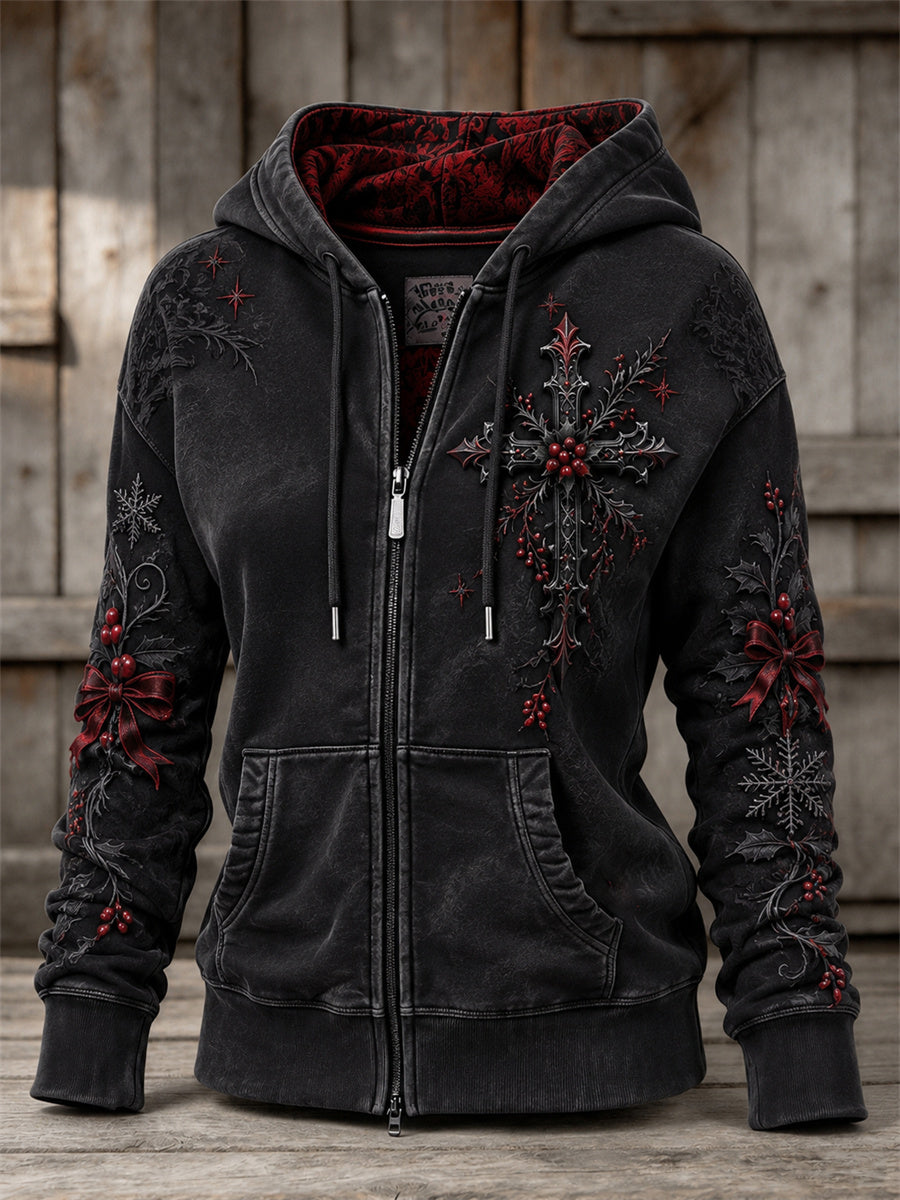 Women's Vintage Gothic Christmas Cross Print Full Zip Hoodie