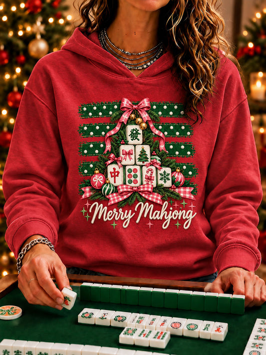 Women's Christmas Mahjong Print Casual Hoodie
