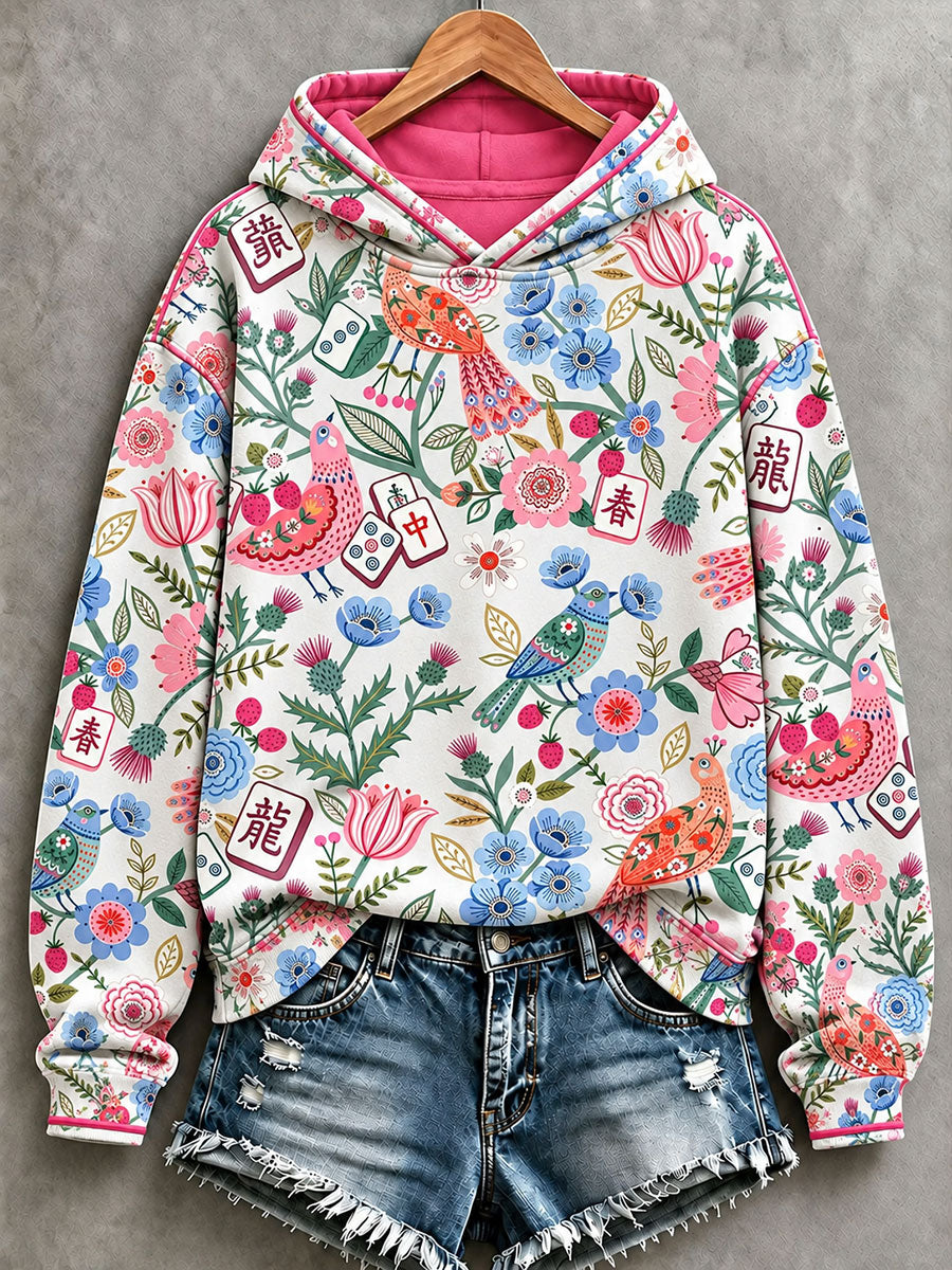 Women's Mahjong and Floral/Bird-Motif Hoodies