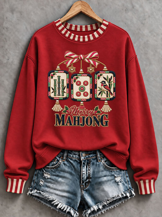 Women's Christmas Mahjong Print Casual Sweatshirt