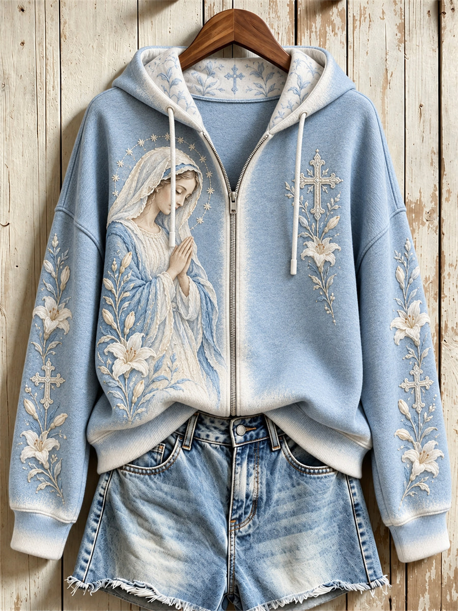 Women's Classy Christian Cross Our Lady Mary & Lily Floral Print Full Zip Hoodie
