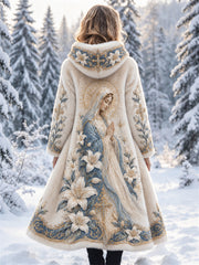 Women's Classy Christian Our Lady Mary & Lily Floral Print Hooded Flannel Long Coat
