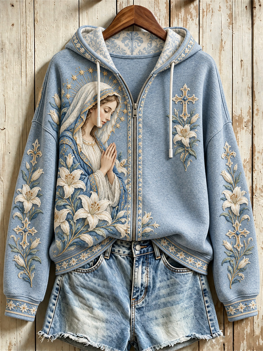 Women's Classy Christian Cross Our Lady Mary & Lily Floral Print Full Zip Hoodie