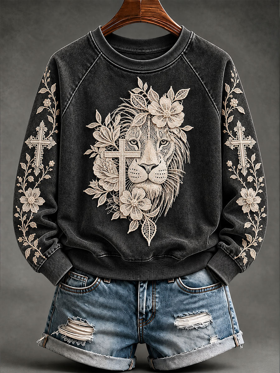 Women's "Faith" Lion & Floral Print Casual Sweatshirt