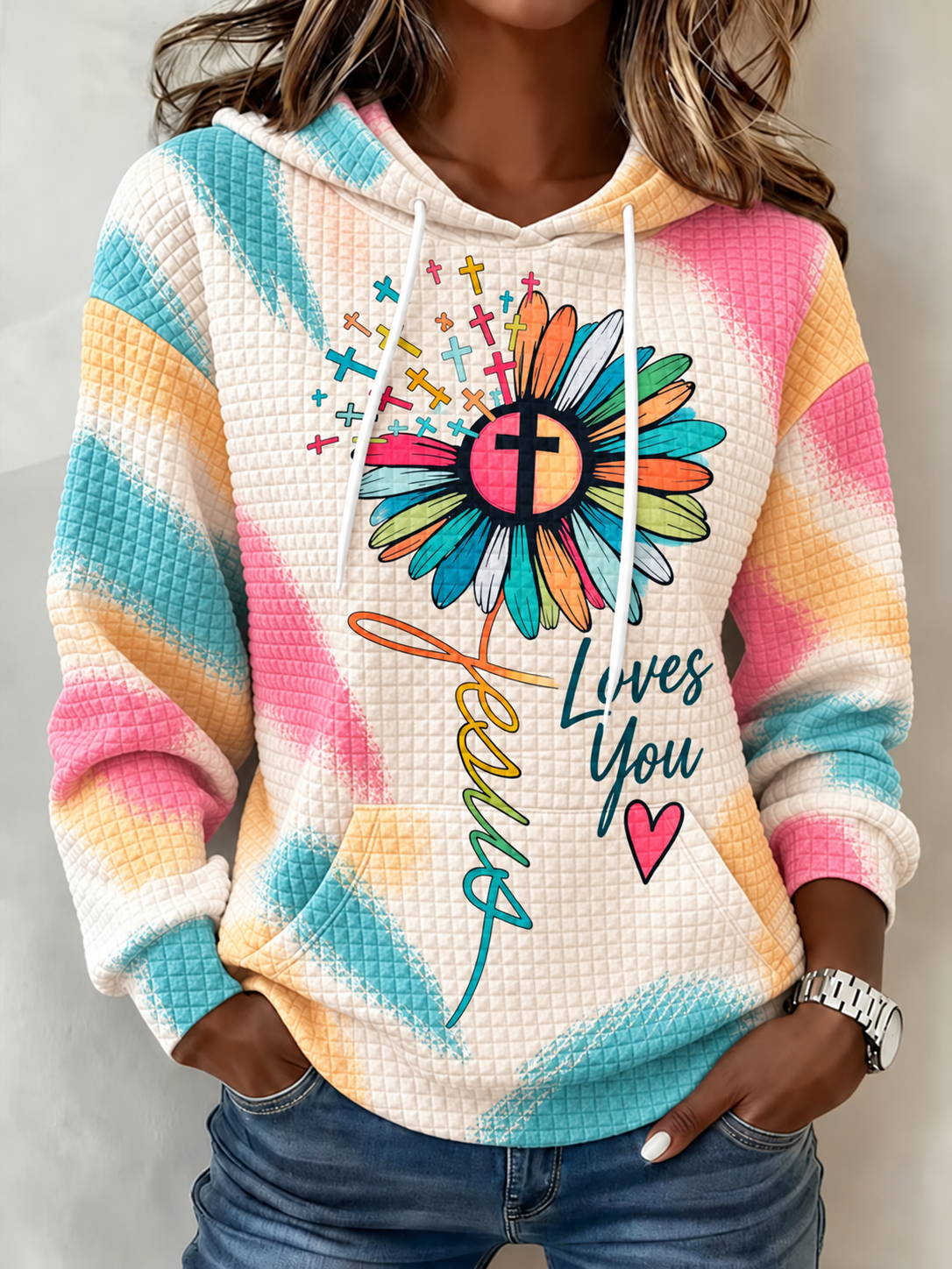 Women's Pastel Brushstroke Flower Jesus Loves You Printed Waffle Hoodie