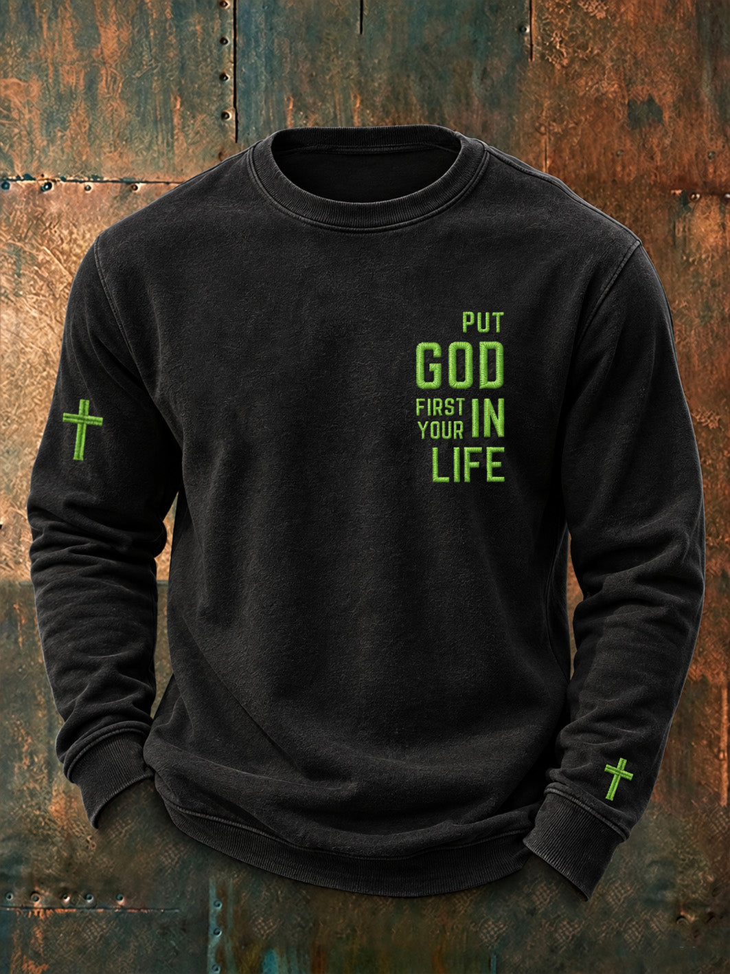 Men's Faith-Themed Slogan Pattern Casual Crew Neck Sweatshirt
