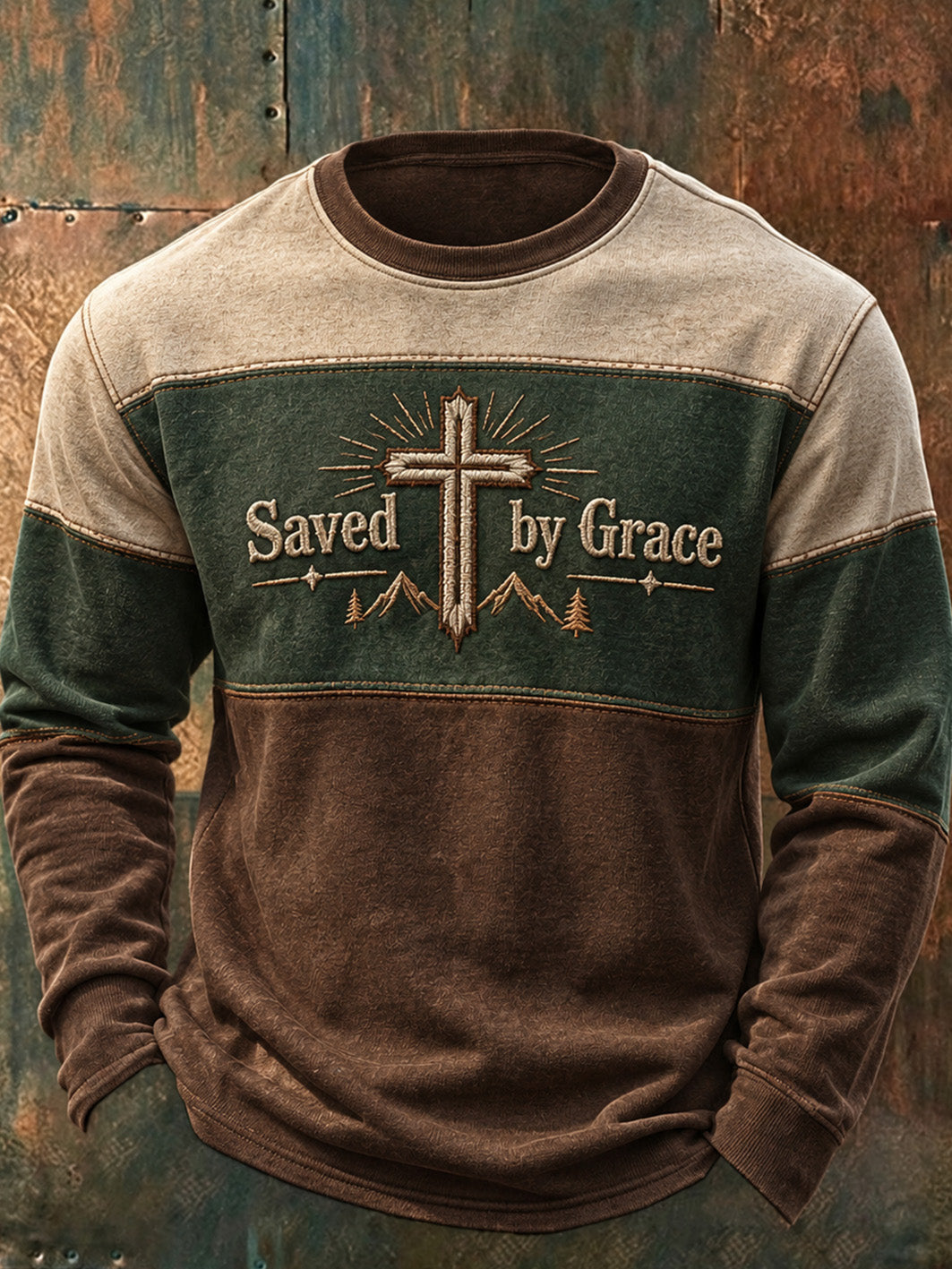 Men's Saved By Grace Pattern Color-block Design Casual Round-neck Sweatshirt