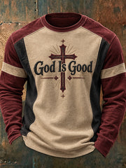 Men's God Is Good Pattern Color-block Design Casual Round-neck Sweatshirt